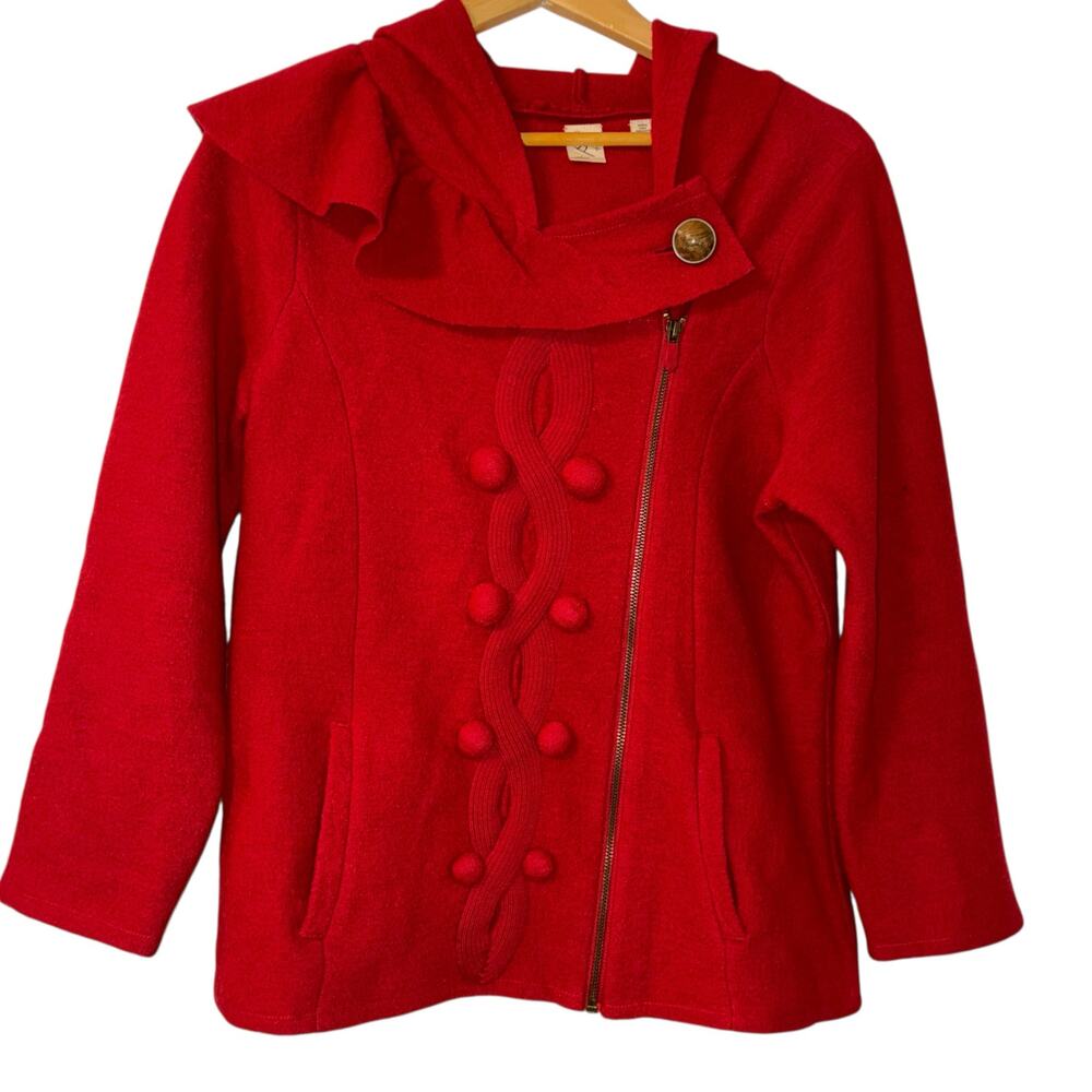 Anthropologie Yellow Bird Sweater Wool Asymmetrical Zip Up Hood Red Women Medium